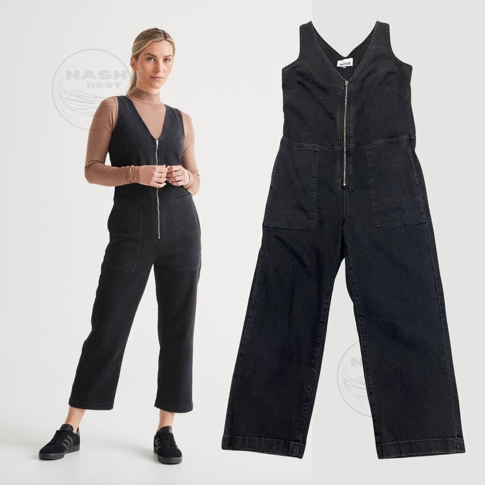 DUER Performance Denim Jumpsuit M | Aged Black Zip-Front Utility One-Pc Sold Out